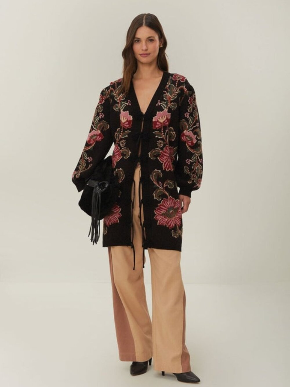 FARM Rio Black Ravenala Knit Floral Midi Cardigan Puffed Sleeves Size XS
